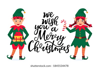 Cheerful elves hold a lollipop and a gift. Greeting card for Christmas and New Year
