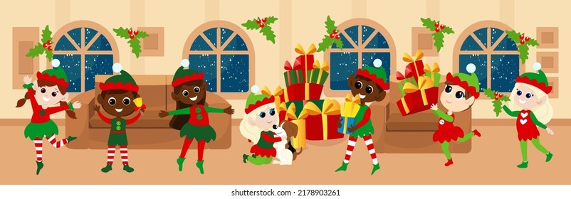 Cheerful elves play and have fun inside the house in the room. The building is decorated with garlands and gifts. Christmas Eve at Santa's House. Festive illustration in cartoon style.