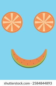 Cheerful emoji by fruit slice. Fruit emoji vector by orange and melon slice. Funny fruit sticker illustration by sliced fruit.
