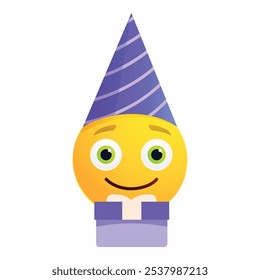 Alegre emoji celebrando con un sombrero de fiesta y una caja de regalo, perfecto para saludos de cumpleaños u ocasiones festivas