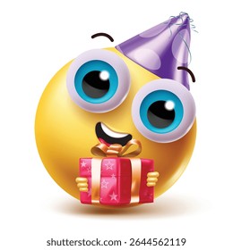 A cheerful emoji with wide eyes, a purple party hat, and a red gift box ideal for expressing joy, surprise, or birthday wishes in chats and celebrations. Let the party vibes shine!
