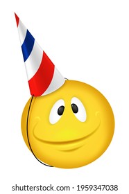 Cheerful emoticon. Smiling face in yellow with a festive cap. Vector illustration