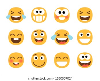 Cheerful emoticons. Funny laughing faces, laugh with tears smile, joy and happiness, smiling cartoon emoji set, lol cheering characters