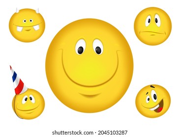 Cheerful emoticons. Smiling yellow faces set. Vector illustration