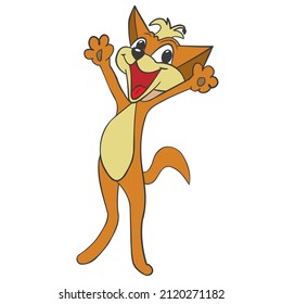 cheerful, emotional, cartoon fox, with raised paws, on an isolated background, drawing, vector