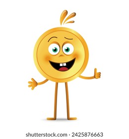 Cheerful emotional coin character with wide smile and two cartoon teeth showing super sign. Human mascot with face, hair, eyes, legs and arms