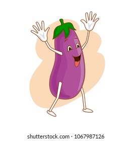 Cheerful emotional vegetable in cartoon style with outlines on white background. Ripe eggplant with a smile and open arms. Vector illustration