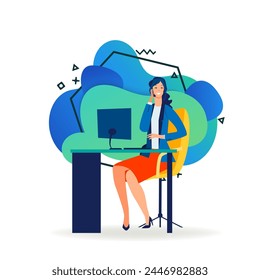 Cheerful employee talking on phone at workplace. Office worker, computer, telephone flat vector illustration. Contact center, communication concept for banner, website design or landing web page