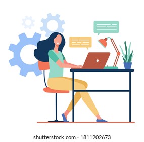 Cheerful employee working at laptop in office, chatting online with speech bubbles. Vector illustration for communication, happy worker, career success concept.