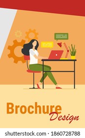 Cheerful employee working at laptop in office, chatting online with speech bubbles. Vector illustration for communication, happy worker, career success concept.