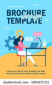 Cheerful employee working at laptop in office, chatting online with speech bubbles. Vector illustration for communication, happy worker, career success concept.