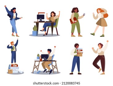 Cheerful and energetic business man and woman set. Full of energy business people. Professional productivity and enthusiasm. Vector illustration in cartoon style