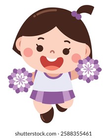 A cheerful and energetic cartoon illustration of a young girl dressed as a cheerleader, wearing a purple and white outfit and holding pom-poms