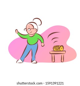 A cheerful energetic grandmother dances to the music. There is a player on the stool. Pink background. Vector cartoon illustration.