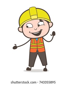 Cheerful Engineer Laughing Face and Hand Gesture