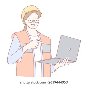 A cheerful engineer wearing a hard hat and bright safety vest demonstrates how to effectively use a laptop onsite