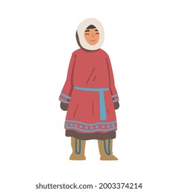 Cheerful Eskimo Girls Character Wearing Traditional Authentic Clothing Cartoon Vector Illustration