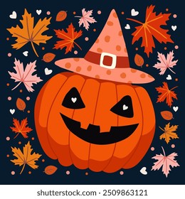 Cheerful evil pumpkin in a witch's hat surrounded by autumn leaves, hand-drawn drawing, isolated objects