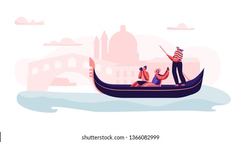 Alegre pareja emocionada en Gondola con Gondolier flotando en el Canal Haciendo Foto de turismo en viaje romántico o viaje a Italia. Feliz amor popular en Venecia. Ilustración de vectores planos de caricaturas