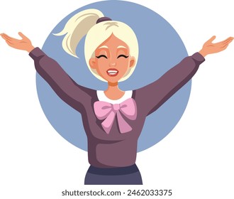 
Cheerful Excited Girl Celebrating with Arms Up Vector Cartoon. Exuberant young woman feeling positive and optimistic raising hands expressing joy 
