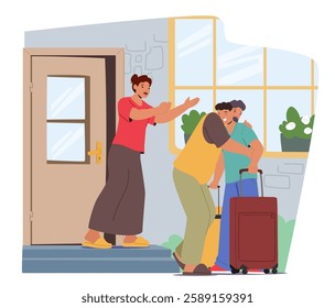 Cheerful excited parents meeting loving adult son returned from vacation trip or on school holidays hugging together at doorway scene. Happy family reunion after long separation vector illustration