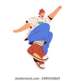 Cheerful or excited teenager boy jumping and running from happiness. Vector flat cartoon character expressing emotions, raising leg and arms up. Positive gesture movements and walk