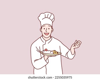 cheerful exited Chef Serving Food Happy Cook Man Holding Plate simple korean style illustration
