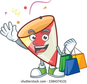 Cheerful exploding confetti cartoon character waving and holding Shopping bags