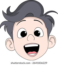 A cheerful and expressive cartoon illustration featuring the head of a young boy with dark, wavy hair and wide, surprised or excited eyes