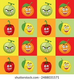 Cheerful and expressive fruit characters in a grid