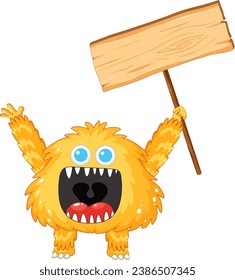 A cheerful extraterrestrial creature in vibrant orange color holding a blank signboard banner
