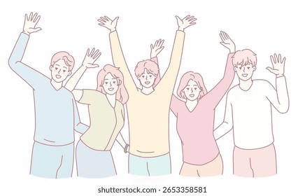 Um grupo alegre e exuberante de amigos comemorando alegremente e se divertindo imenso juntos em harmonia
