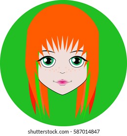 cheerful  face doll with short red hair and big green eyes