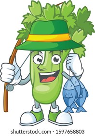 Cheerful face Fishing celery plant mascot design