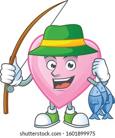 Cheerful face Fishing pink love mascot design