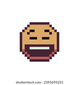 Cheerful face with wide smiling mouth pixel art icon. Cartoon character with smile emoticon. Flat style. 8-bit style. Isolated abstract vector illustration.
