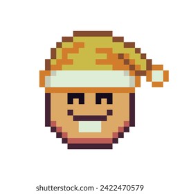 Cheerful facial expression, smiling face in winter hat pixel art icon. Cartoon character. Flat style. 8-bit style. Isolated abstract vector illustration.
