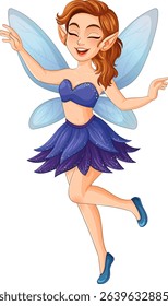 A cheerful fairy with blue wings and dress, dancing gracefully. Vibrant colors and whimsical style enhance the magical theme