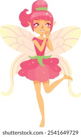 Cheerful fairy with pink hair, flower dress, and insect wings, clapping with joy in cartoon illustration