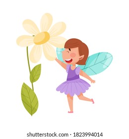 Cheerful Fairy with Wings Touching Flower Vector Illustration