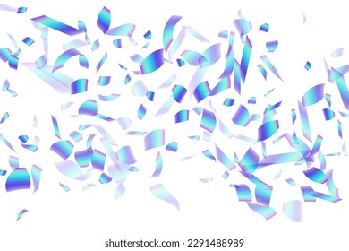 Cheerful falling confetti decoration vector background. Blue  hologram particles fiesta decor. Cracker poppers party confetti. Holiday celebration decor illustration. Top view sequins.