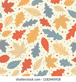 Cheerful falling leaves vector pattern, seamless repeat. Warm color composition with cold highlights on light yellow background. Great for textiles, scrapbooking, packaging design, home decor etc.