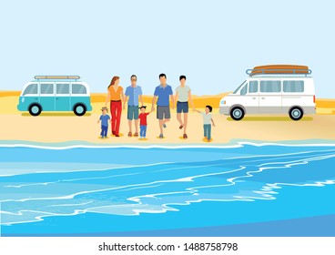 
cheerful families group at the sea