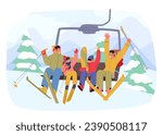 Cheerful Family Characters, Bundled In Winter Gear, Ascend A Snowy Ski Lift With Snow-capped Mountains In The Background, Creating A Picture-perfect Winter Scene. Cartoon People Vector Illustration