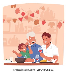 Cheerful Family Characters Enjoying Thanksgiving Day Together At The Dinner Table. Elderly Man, Young Man And Child Share Laughs And Food In A Festive, Autumn-themed Room. Cartoon Vector Illustration