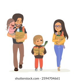 Cheerful family characters with kids holding groceries vector illustration. Bonding Moments Concept