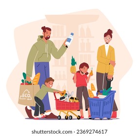 Cheerful Family Characters With Kids Strolling Through A Supermarket, Their Cart Filled With Groceries. Smiles, Laughter, And Bonding Moments Amid The Aisles. Cartoon People Vector Illustration