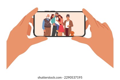 Cheerful Family Characters Portrait On Phone Screen Captures The Happiness And Love Of The Moment, A Memory To Be Cherished Forever. Parents, Kids and Grandparents. Cartoon People Vector Illustration