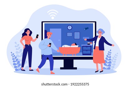 Cheerful family checking newborn on big monitor. Camera, baby, control flat vector illustration. Monitoring and digital technology concept for banner, website design or landing web page