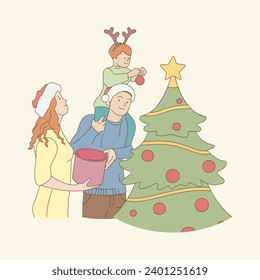 A cheerful family decorates a Christmas tree for New Year, Christmas. vector illustration. Family tradition. Mom, dad, child. Printing on posters. Flat illustration on white background. EPS10
